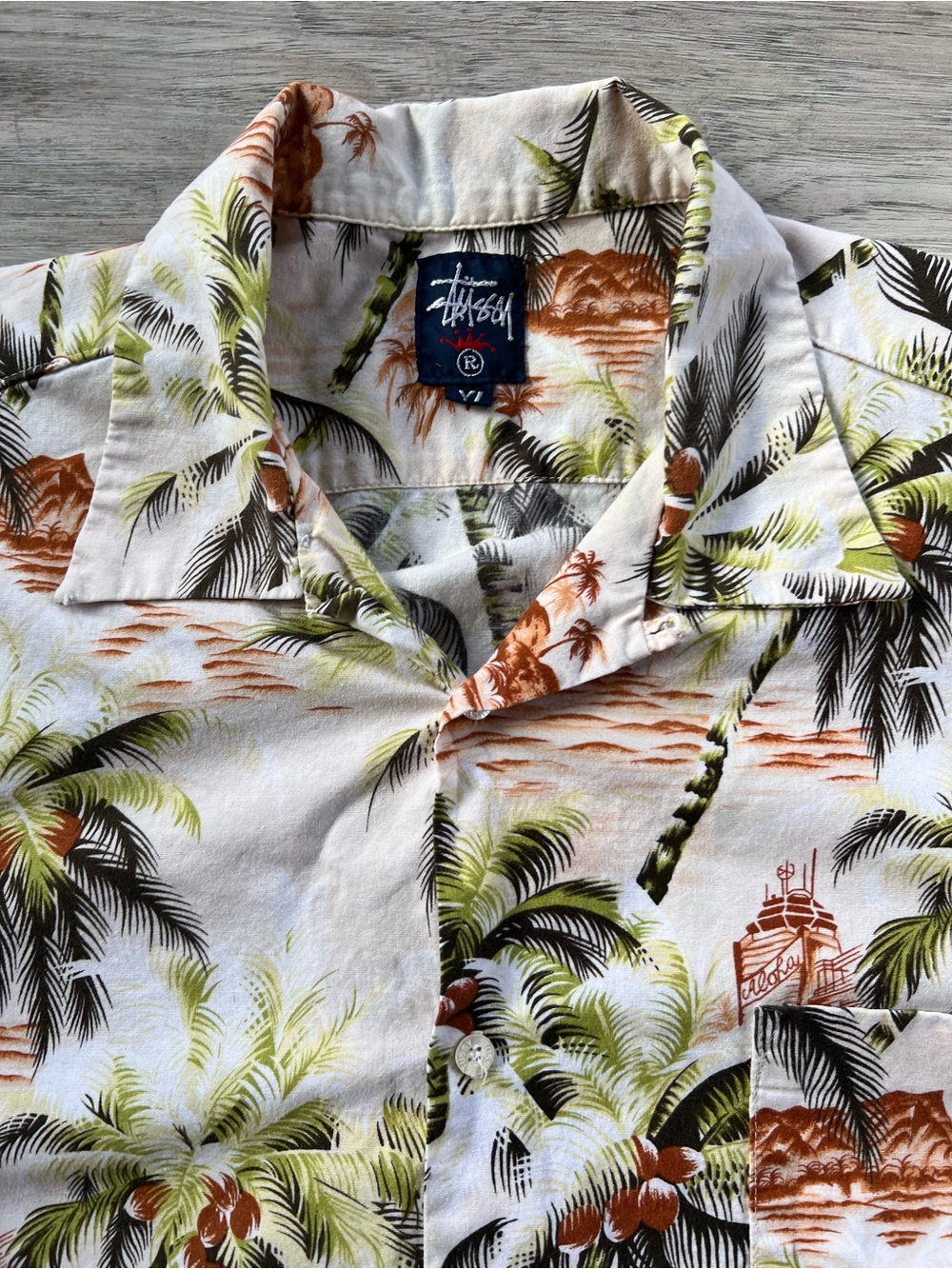 Stussy White Button-Up Shirt with Brown & Green Tropical Print